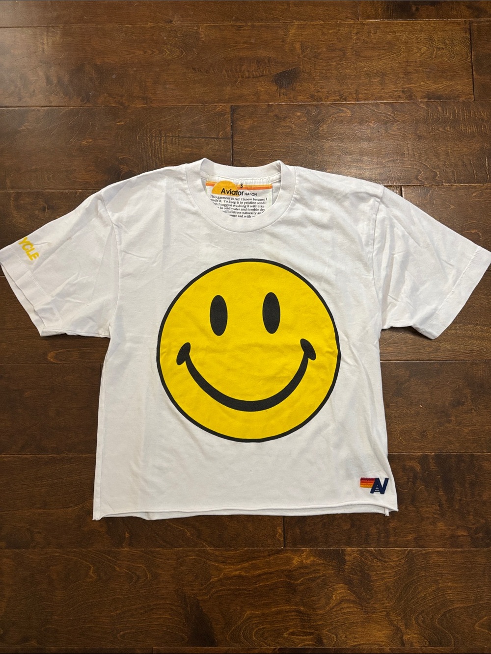 Aviator Nation White Tee with Yellow Smiley Graphic